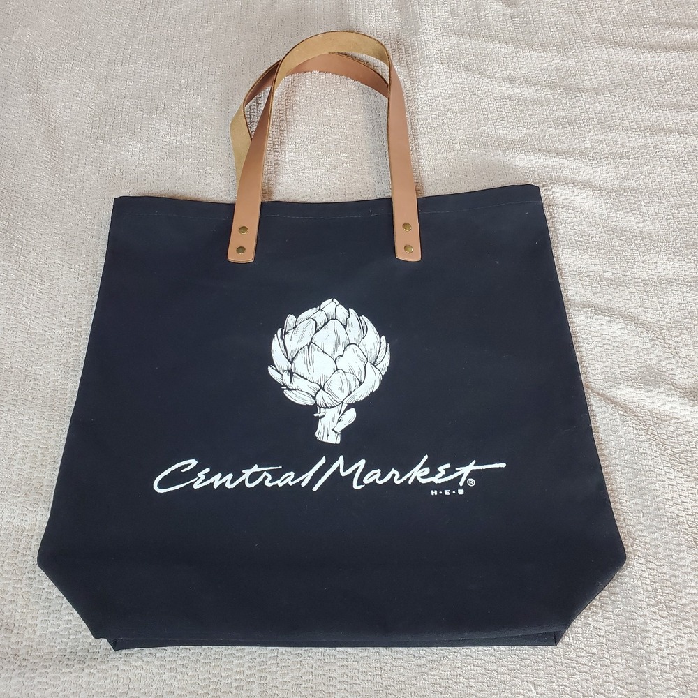 Central Market‎ Canvas Groceries Tote Bag Black With Tan 100% Leather Handles